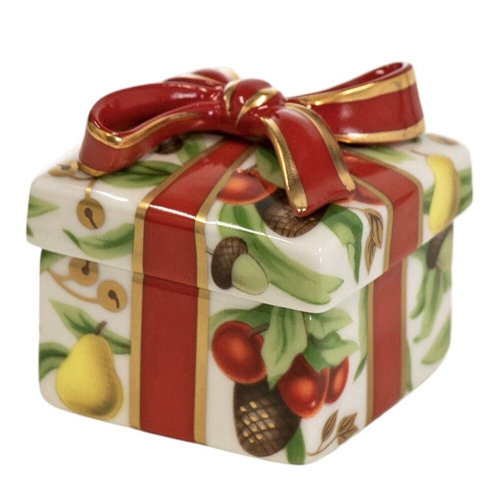 Tiffany Holiday Gift Box and Bow Christmas Holiday Ornament Bone China Porcelain